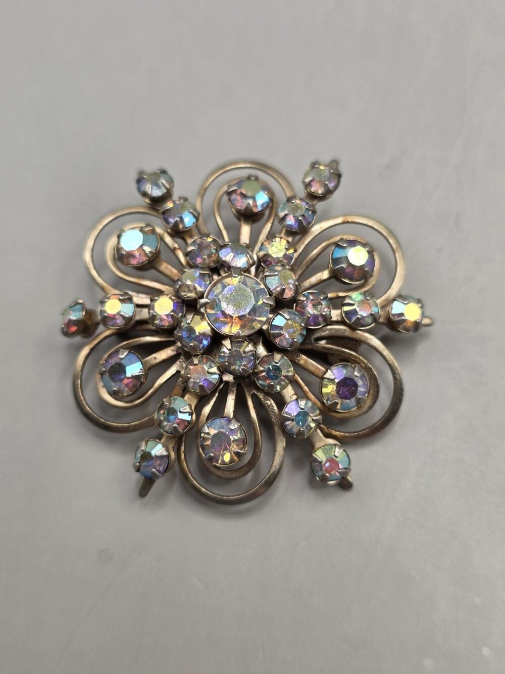 Vintage Aurora Borealis AB Rhinestone Atomic Starburst Brooch Pin Layered Vtg